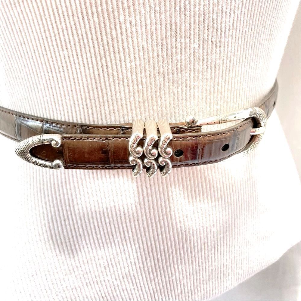 BRIGHTON Crocodile Embossed Brown Leather Belt Skinny B1043T Western Womens 30